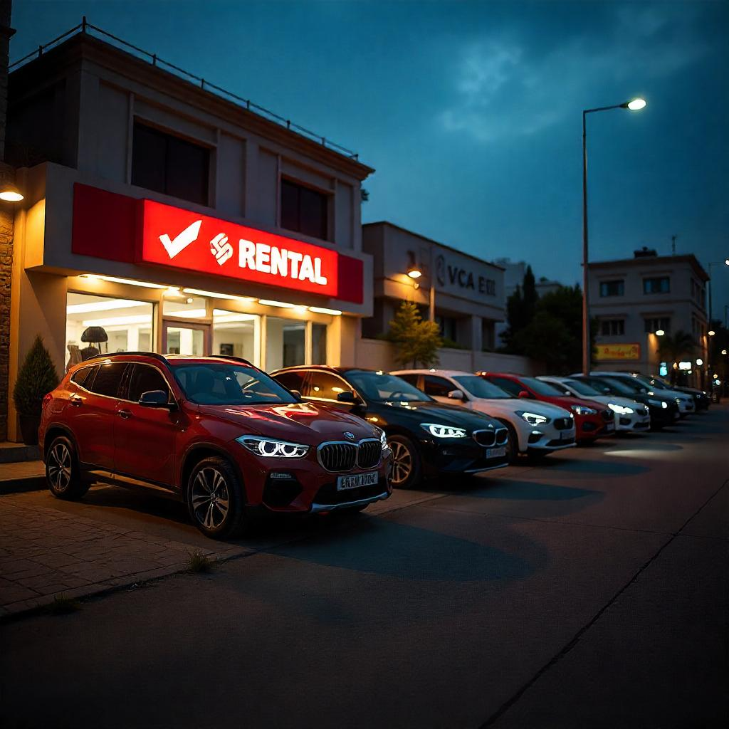 a row of cars parked in front of a rental building